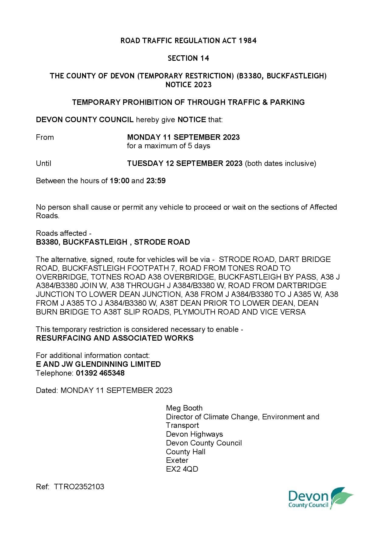 Strode Road Two Day Closure in September Buckfastleigh Town